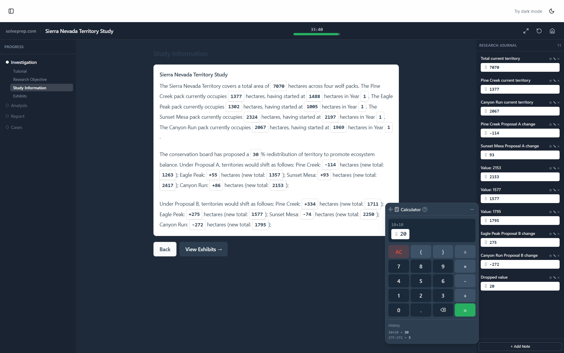 McKinsey Solve Red Rock Study game showing research journal with data charts