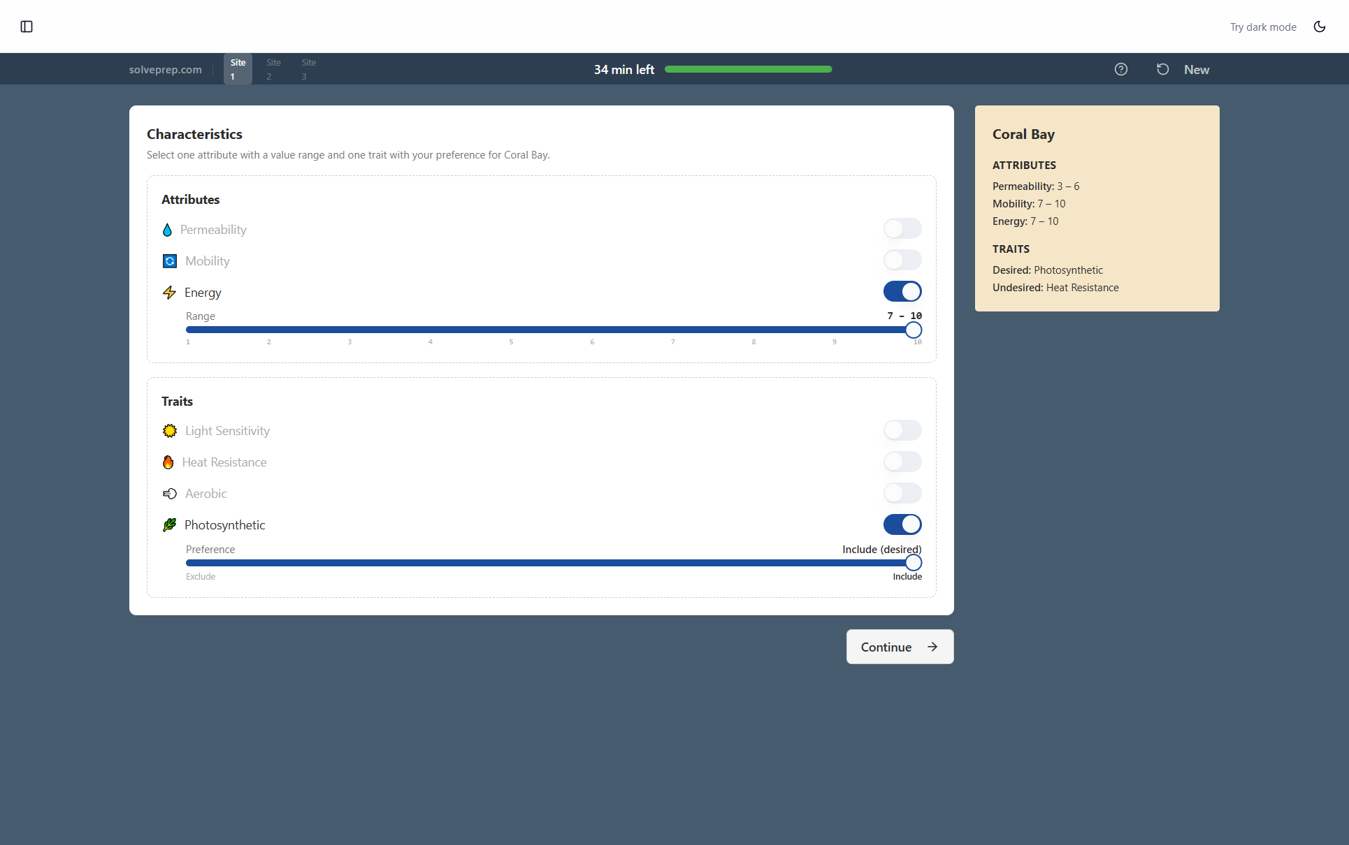 McKinsey Solve Sea Wolf game interface showing microbe optimization scenario