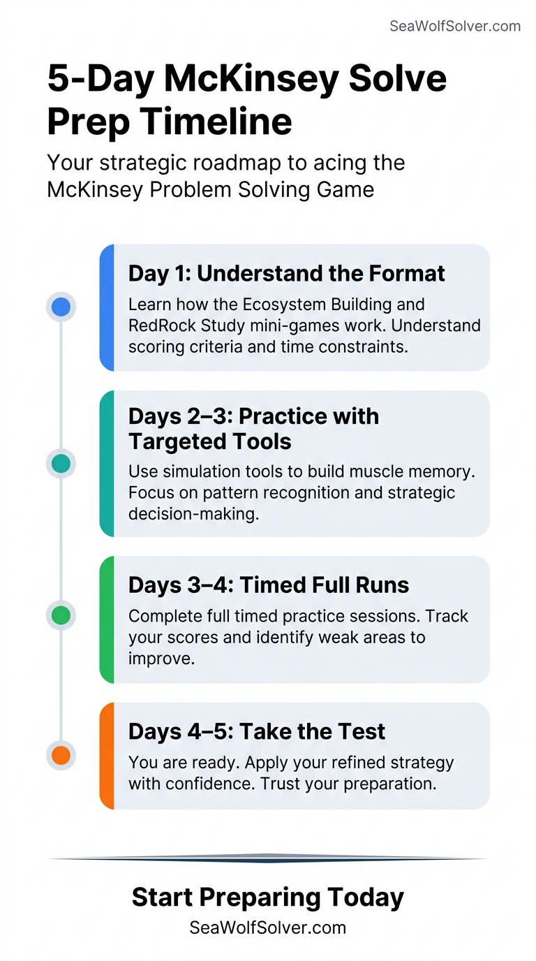 5-Day McKinsey Solve prep timeline infographic — Day 1: understand the format, Days 2-3: practice with targeted tools, Days 3-4: timed full runs, Days 4-5: take the test with tips for peak performance